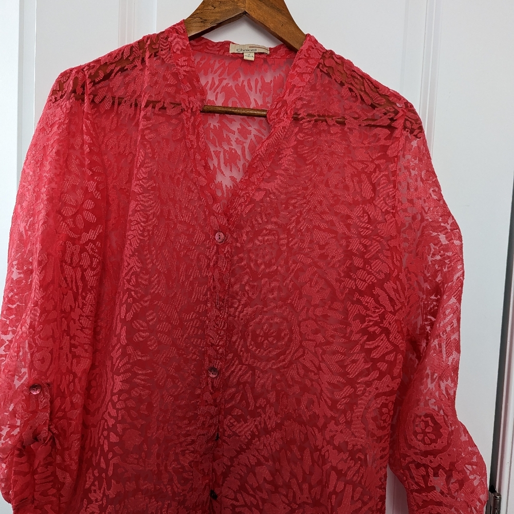 Women's Choices Brown Scroll Sheer 3/4 Sleeves Button Up Top Semi Sheer Size M